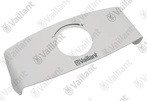 Frontblende in Weiß mit Öffnung in der Mitte und "+"-Symbol, mit dem Logo von Vaillant. Eignet sich zur Abdeckung eines Heizungsbrenners.